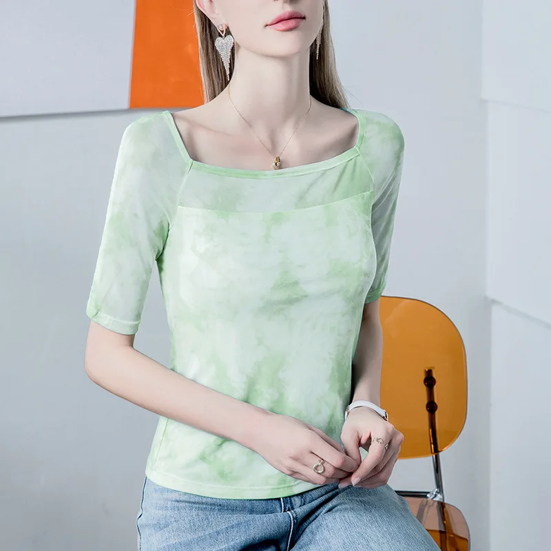 Boweylun Tie-dye Printed Square Neck Mesh Sleeve T-Shirt Women Summer Sexy Leakage Collarbone Middle Sleeve Tops Female