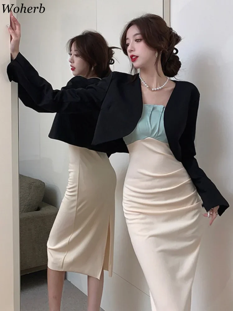 Woherb 2025 Ropa Mujer Jackets for Women Elegant Ladies Tops Chic Solid Cropped Top O-neck Long Sleeve Korean Tunic Vintage Coat