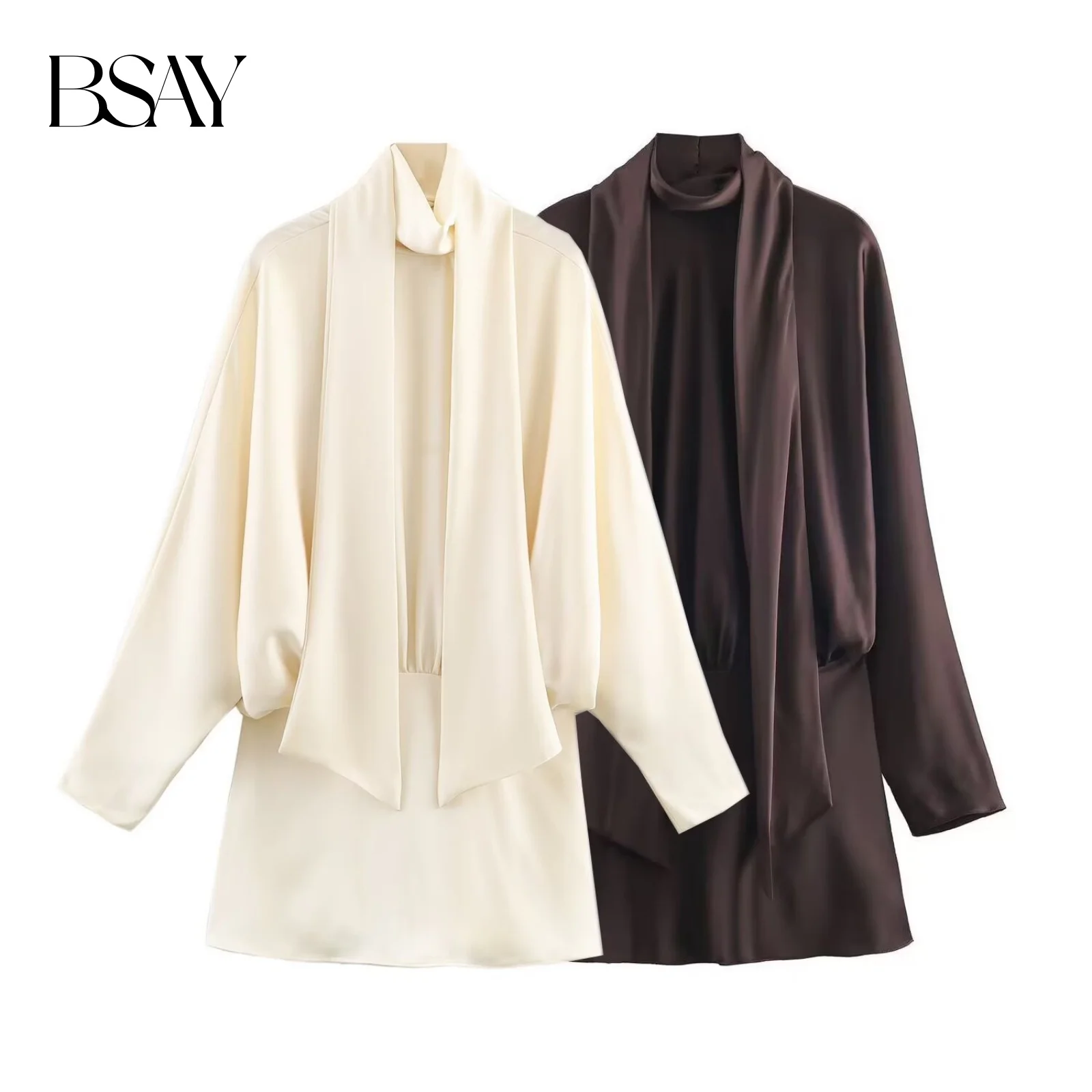 BSAY Satin Texture Scarf Decoration Short Dress Women Fashion Autumn Winter New Long Sleeves France Female Evening Dresses