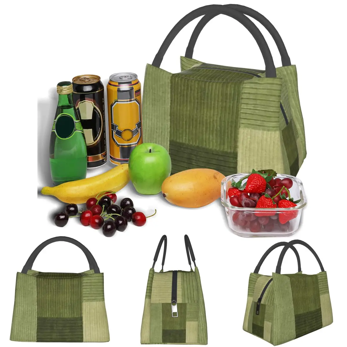 Corduroy Sage Green Pattern Lightweight Handheld Insulated Lunch Bag Aluminum Foil Liner for Adults Students Travel Picnic