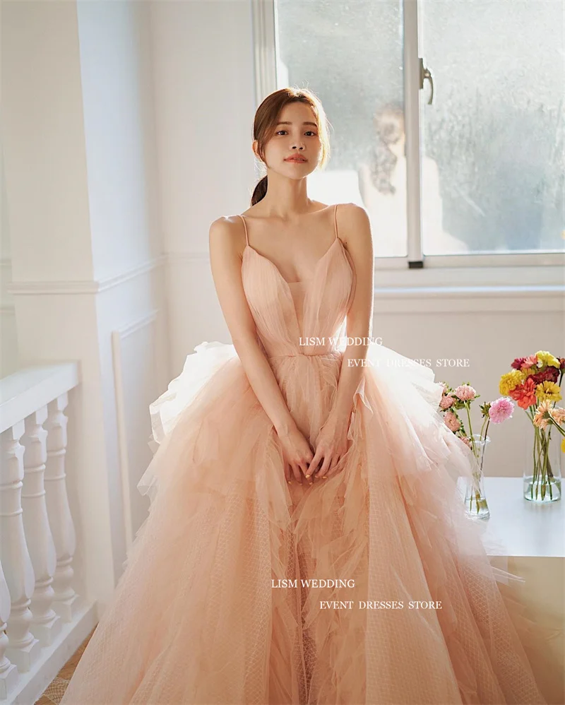 LISM Fairy Dusty Tulle A-Line Evening Dresses Korea Women Photo Shoot Spaghetti Straps Tiered Ruffles Formal Occasion Dress