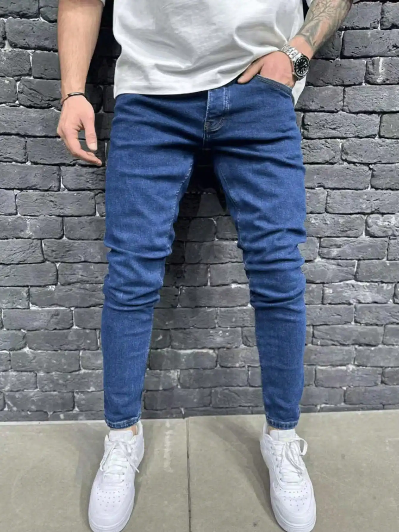 Men's slim fit jeans, tailored fit, long length jeans, multi pocket design, light pastel blue color, suitable for both work and