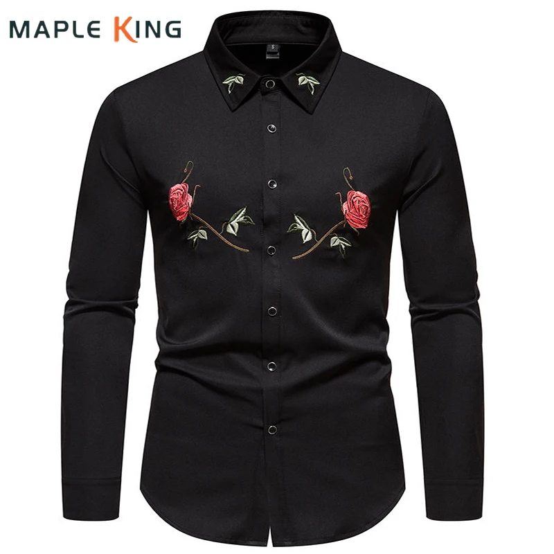 Camisas florales Retro para hombre, camisa de vestir con bordado de rosas de lujo, camisa hawaiana de manga larga, ropa de calle Social, novedad de