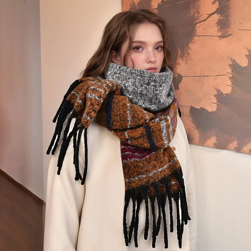 2024 New Cashmere Scarf Shawl Stripe Tassel Pashmina Scarf Woman Winter Scarf Thick Scarves Stoles Warm Blanket Femme Echarpe