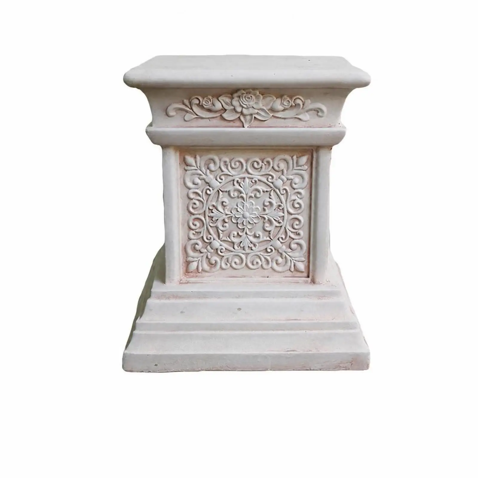 Antique Style Plant Pedestal Column Planter Stand for Patio Garden Decor with Carved Relief and Stepped Base Elegant Display