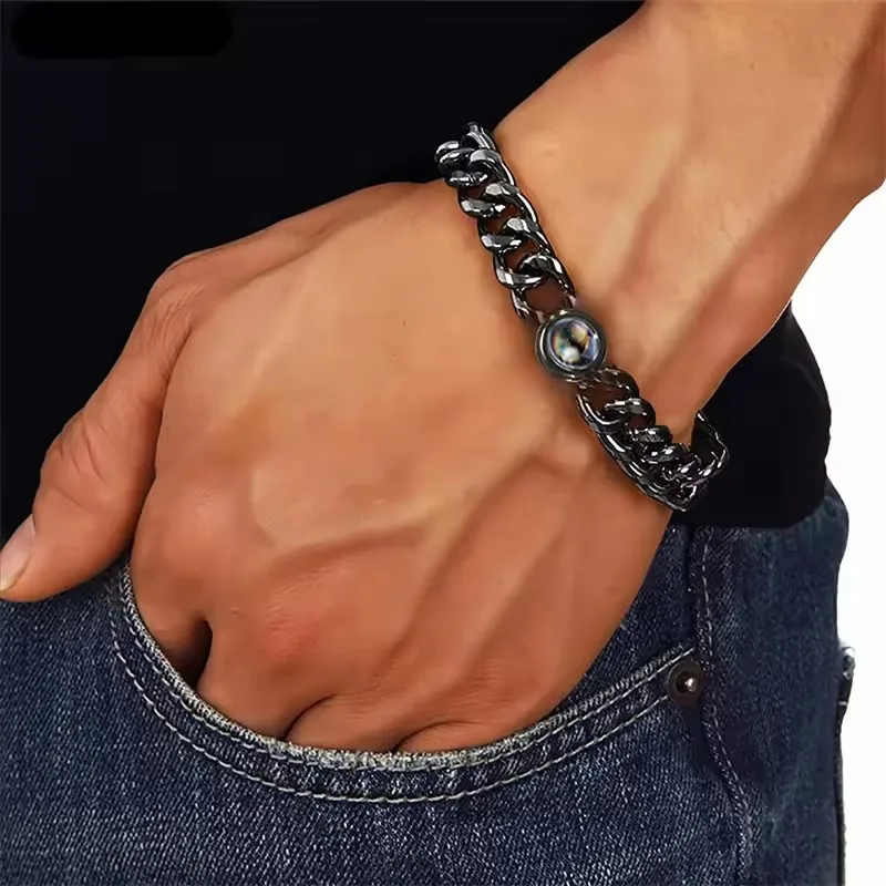 with Personalized Photo Projection Custom Bracelet for Men Women Titanium Steel Cuban Link Chain Bracelet with Picture Inside view 3