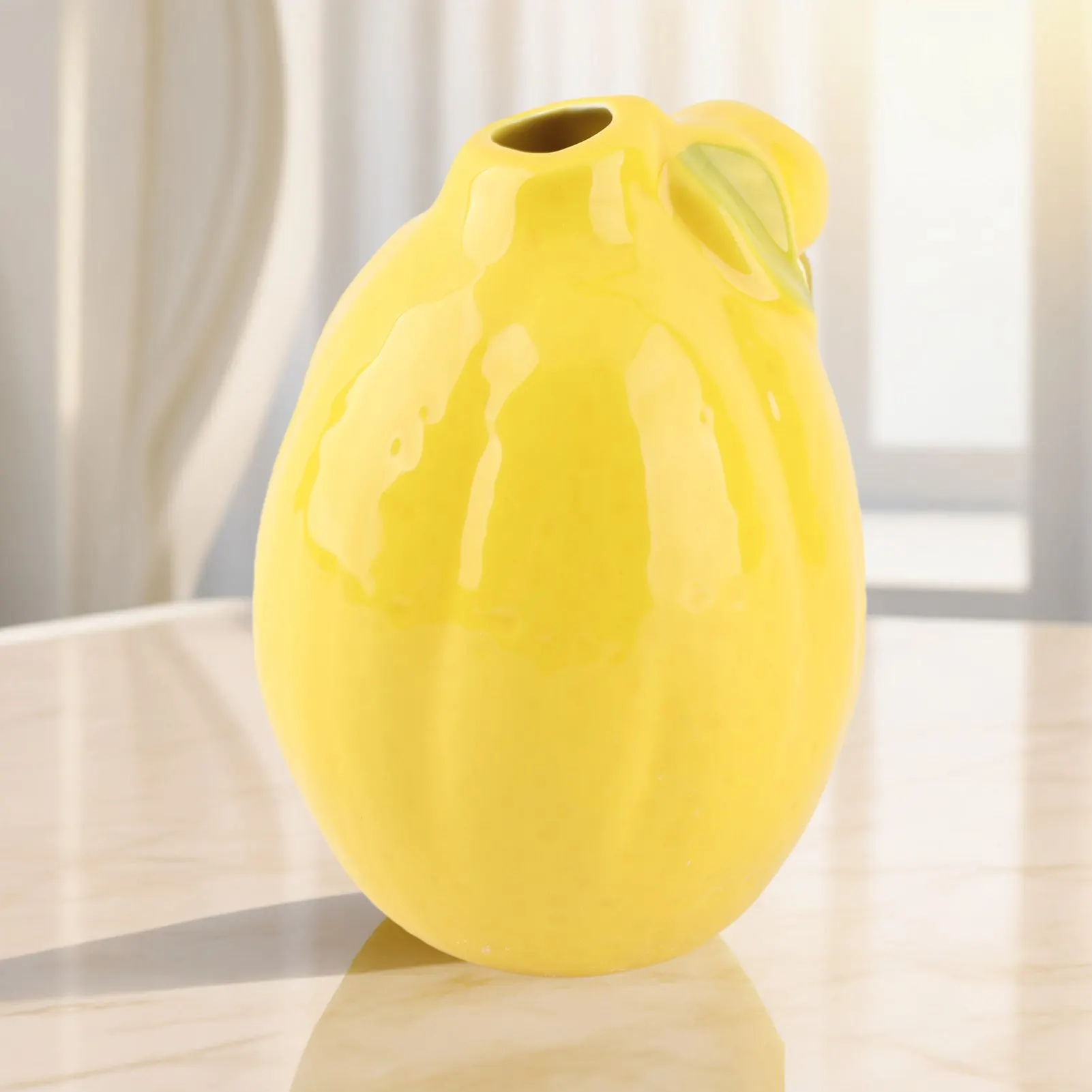 Lemon Shape Vase Yellow Unique Ceramic Decorative Fruit Shaped Flower Arrangement Vase for Home Desktop Decor