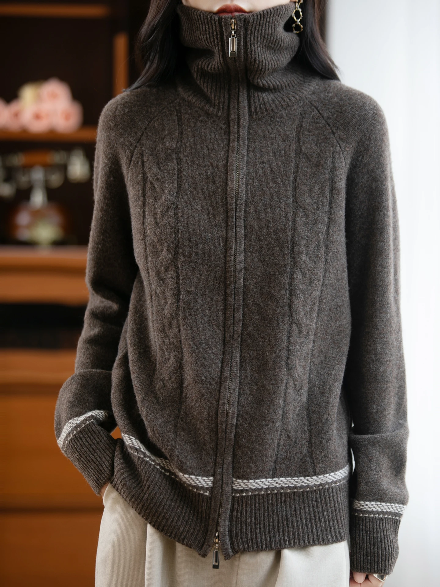 

TLOML Women's 100% Merino Wool Knitwear Thick Turtleneck Two-way Zipper Cardigan Autumn Winter Soft Warm Cashmere Knitted Coat