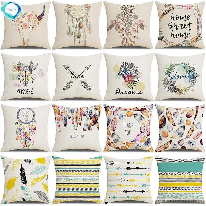 

Ins Style Linen Pillowcase Boho Dream Catcher Feather Cushion Cover Home Sofa Chair Decoration Pillow Cover Car Ornament