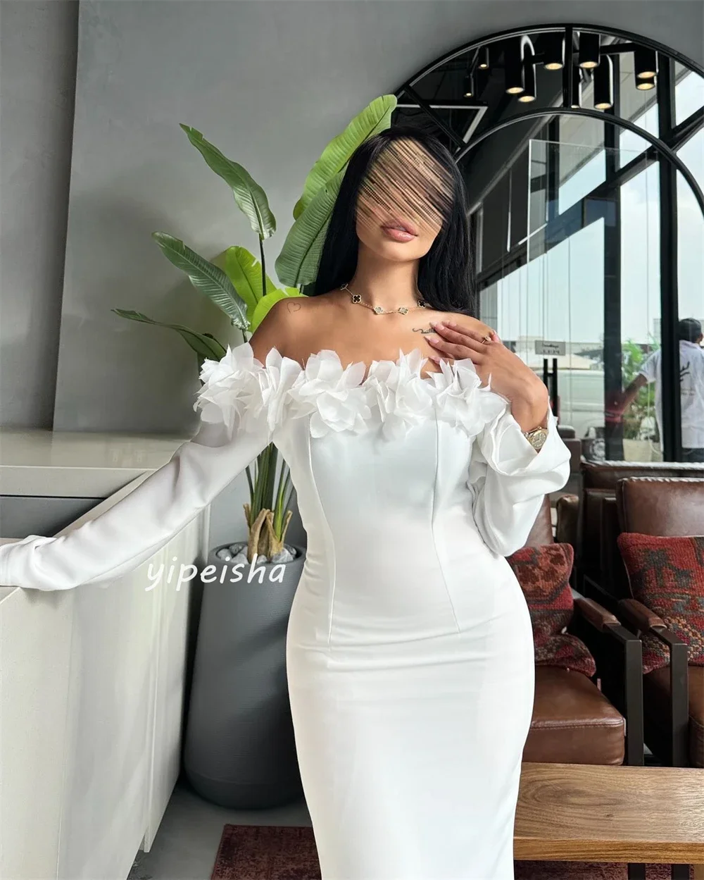 Aangepaste Prom Gown Jersey Bloem Ruches Party A-lijn Off-the-shoulder Lange Mouwen Jurken Prachtige Hoge Kwaliteit Jurk vrouwen