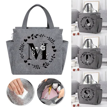 Lunch Bag Aesthetic Thermal Bag Grey Color Pocket Cute Sweet Garland Letter Series Printing Tote Food Storage Bag Convenient Kid