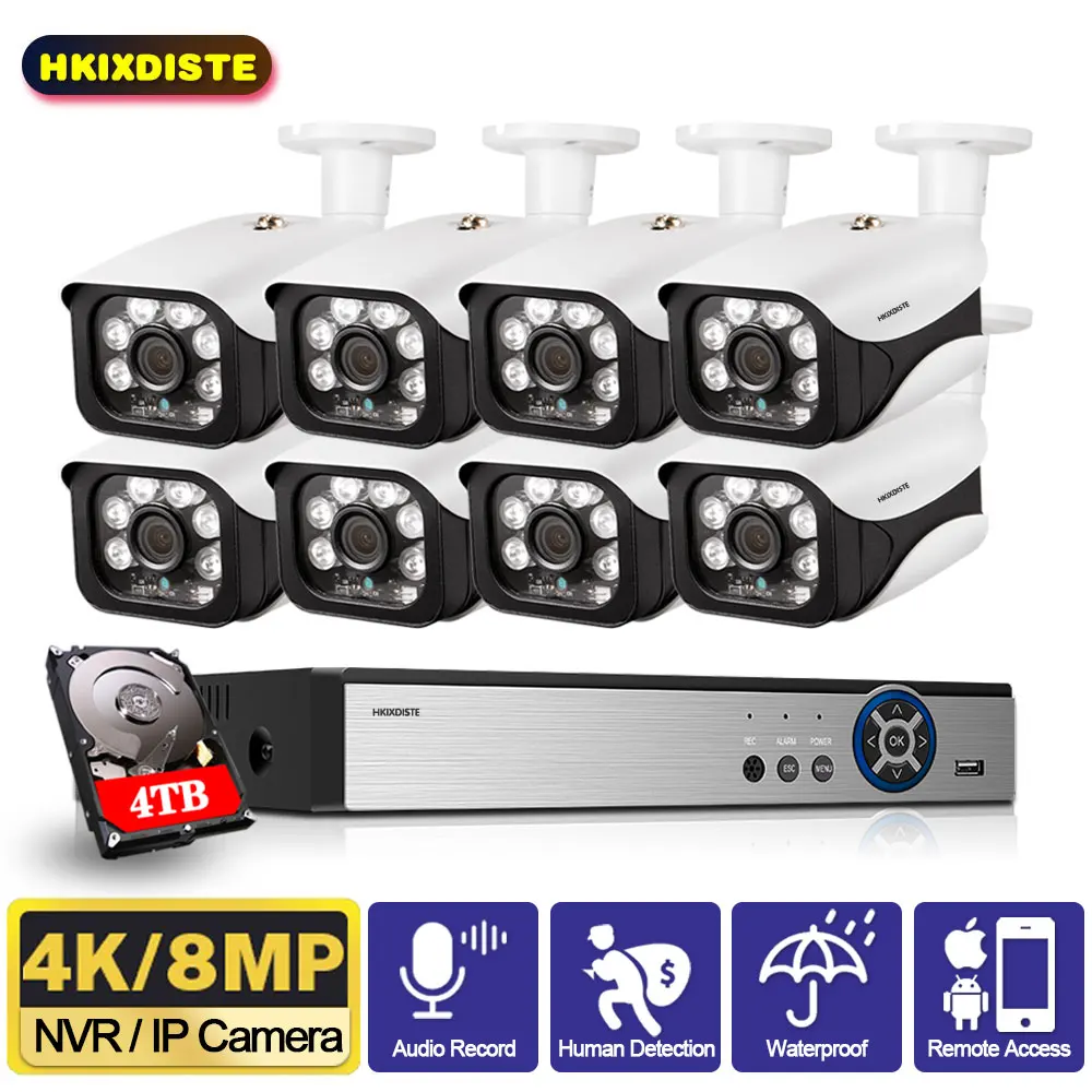 

H.265+ 8CH 4K 8MP HD POE NVR Kit CCTV Security System Audio Record AI IP Camera Outdoor Waterproof Video Surveillance Camera Set