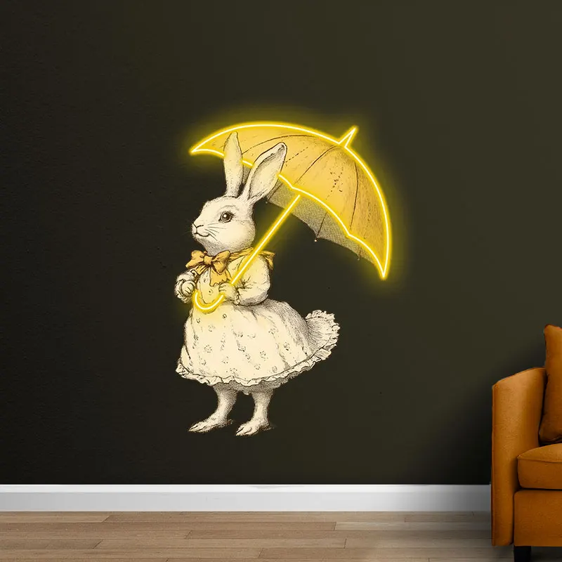 Toysign Charming Bunny with Umbrella Neon Art, Vintage LED Sign, Cute Rabbit in Dress, Whimsical Decor for Nursery, Kids Room