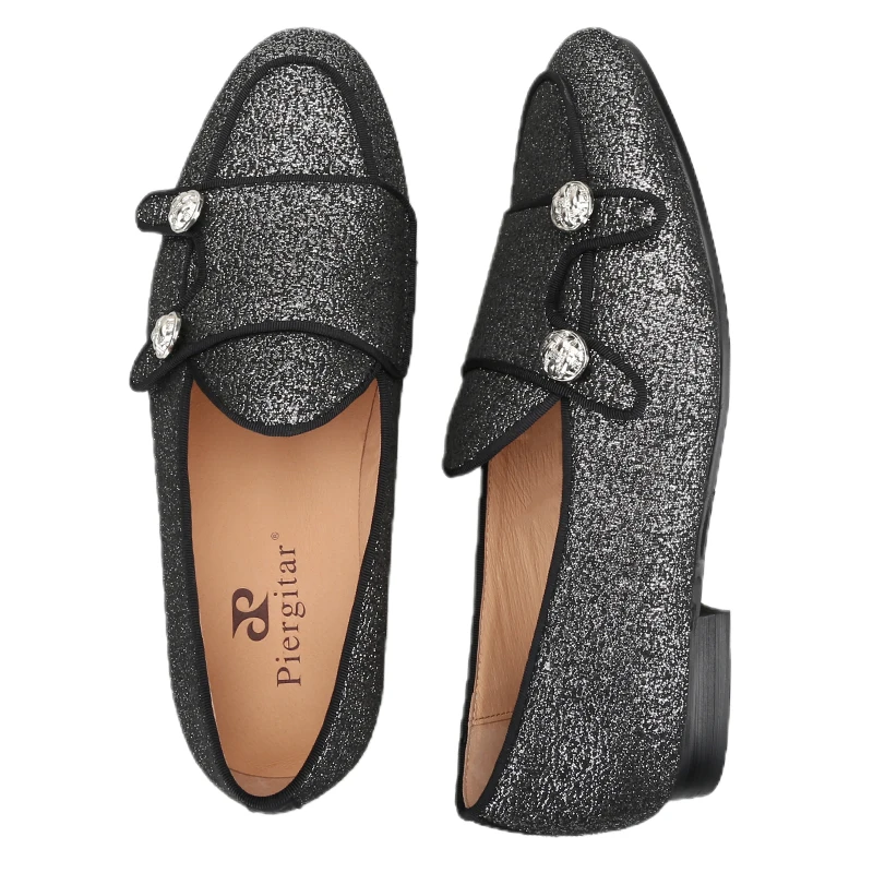 Piergitar Three Colors Shiny Cotton Fabrics Men's Loafers With Gold/Sliver Buttons Handmade Double-Monk Shoes For Party/Banquet