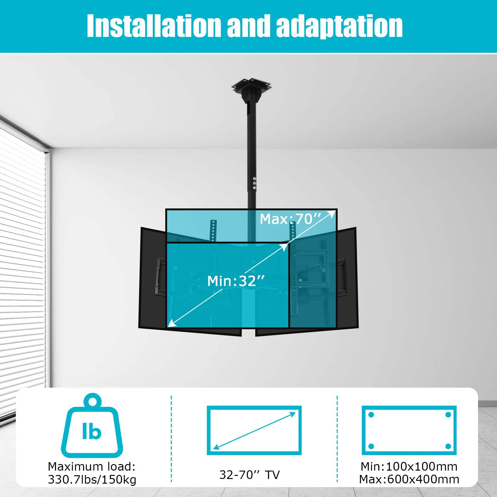 Suporte de Teto para TV para Telas Planas de 32-70 Polegadas, Suporta 3 Telas, Montagem em Poste, VESA Máx. 600x400mm, Capacidade de 330 Libras