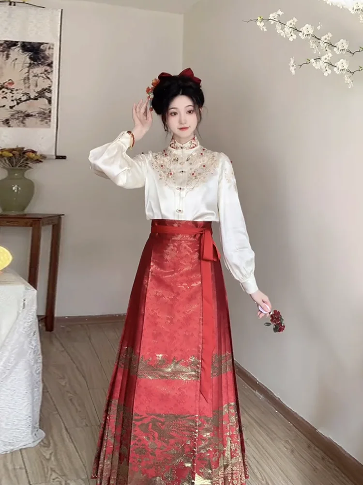 Women Stand Collar Long-sleeved Temperament Shirts + New Chinese Style Red Toasting Suit Pleated Lace-up Slim Skirts 2-piece Set