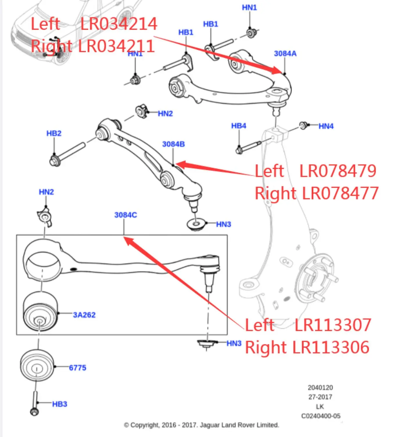 Front right lower suspension control arm of Land Rover l405 Land Rover l494 lr034219 lr034218 lr113306 lr113307