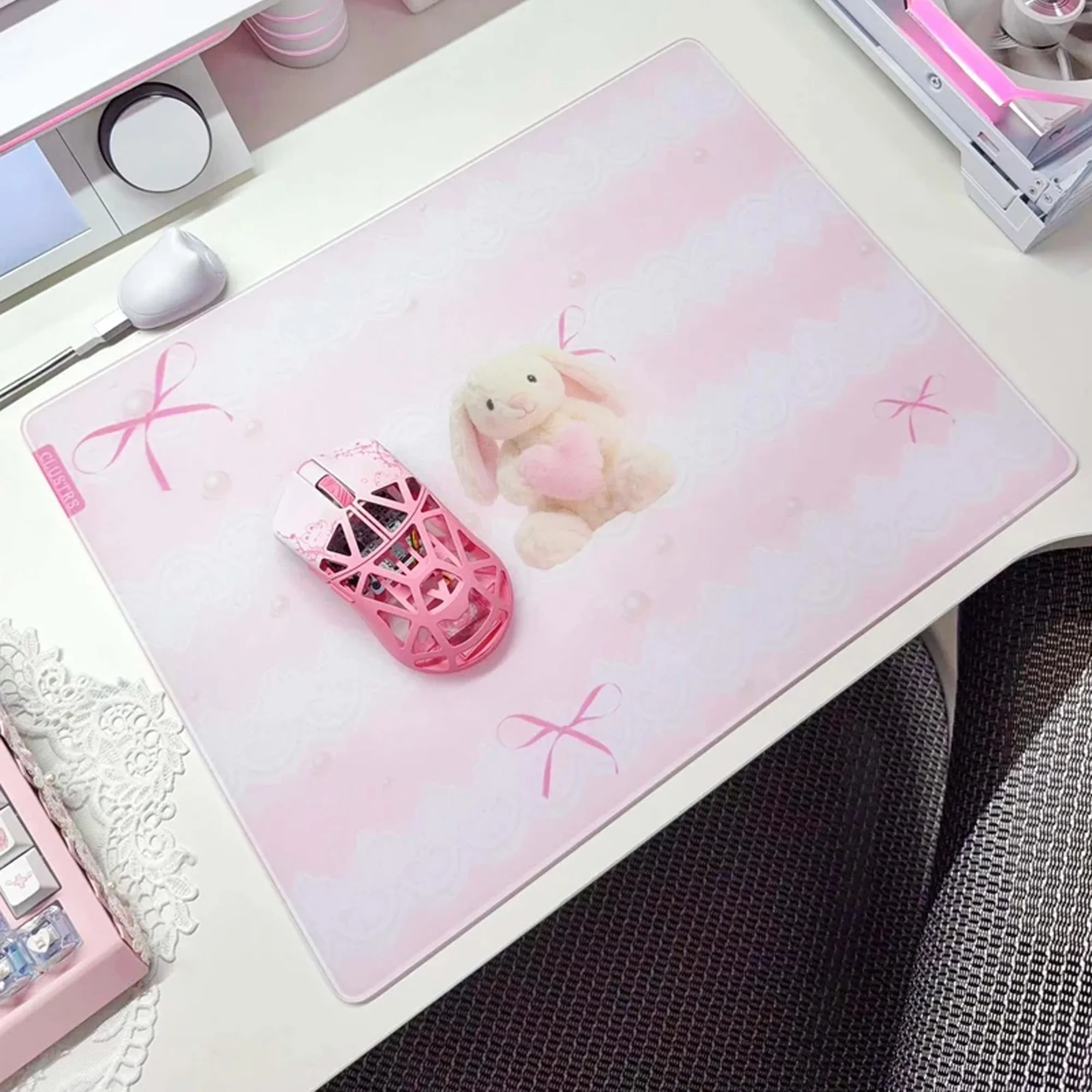 Pink Pearl Bunny Glass Mouse Pad Coated Full Coverage White Primer 450x400mm Mousepad Game Large Desk Mat Gamer Accessory Pads ﻿