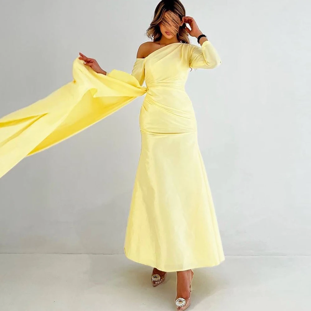 

Elegant Yellow Satin A-Line Evening Dress Exquisite Ankle Length One Shoulder Long Sleeves Pleats Panel Train Vestido De Noche