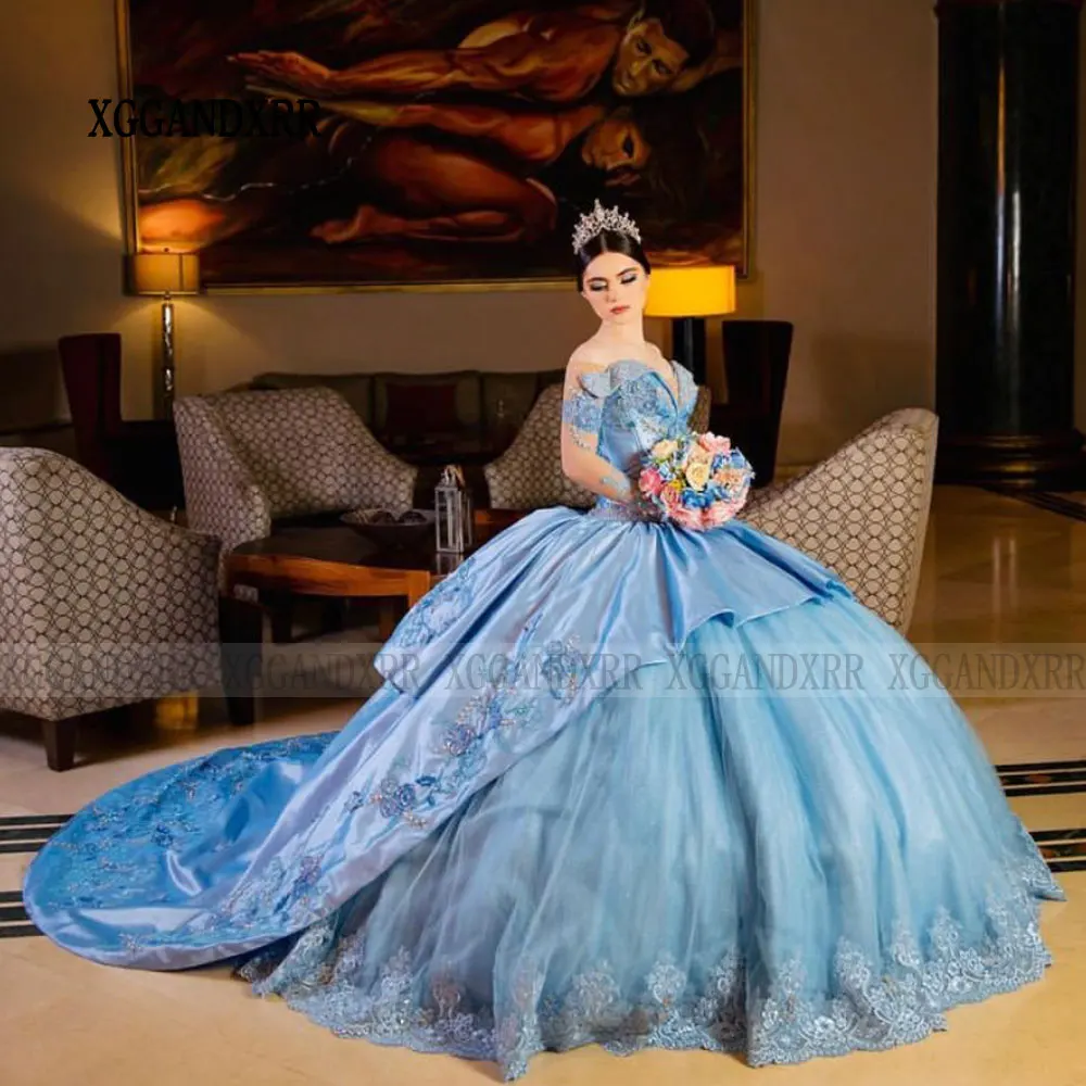 Vestido de quinceañera azul de lujo, traje de baile de capas con volantes, hombros descubiertos, fiesta de cumpleaños, 15, 16 años, 2024