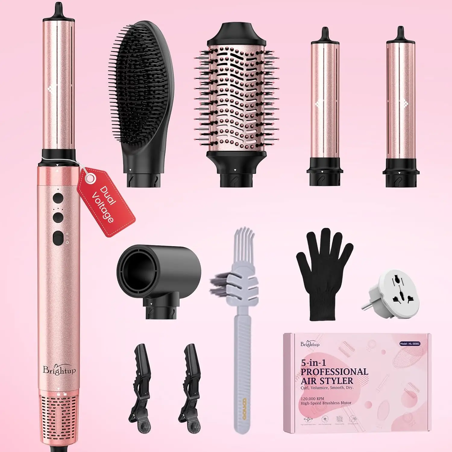 

5-in-1 High Speed Hot Air Styler 1400W, Negative Ions, Cool Shot, Dual Voltage, Travel Bag