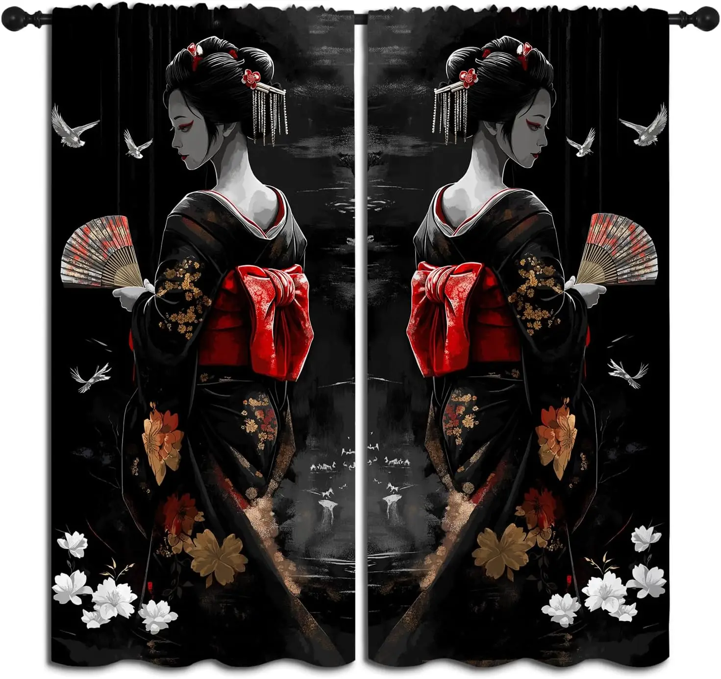 Japanese Geisha Curtains Black Kimono Red Obi Traditional Art Design Living Room Bedroom Decor Oriental Asian Window Drapes