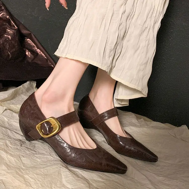 

Women's Fashion Sole Heel Shoes Spring and Summer New Pointed Head Shallow Mouth Belt Buckle Soft Sole Non-slip Low-top Shoes