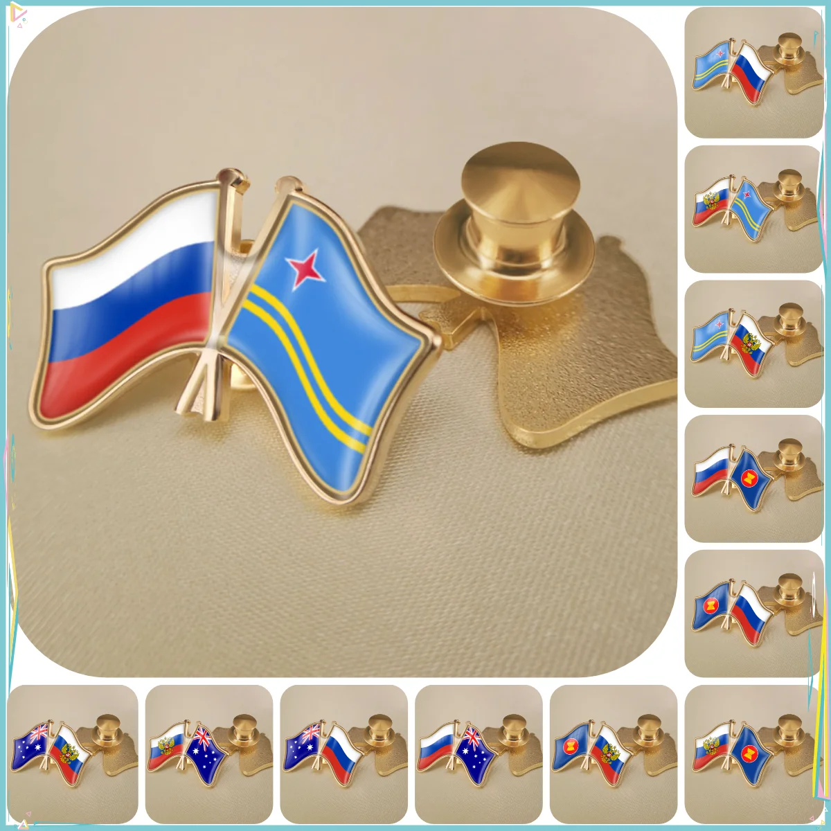 Russian Federation and Aruba ASEAN Association Australia Double Crossed Friendship Flags Brooches Lapel Pins Badges