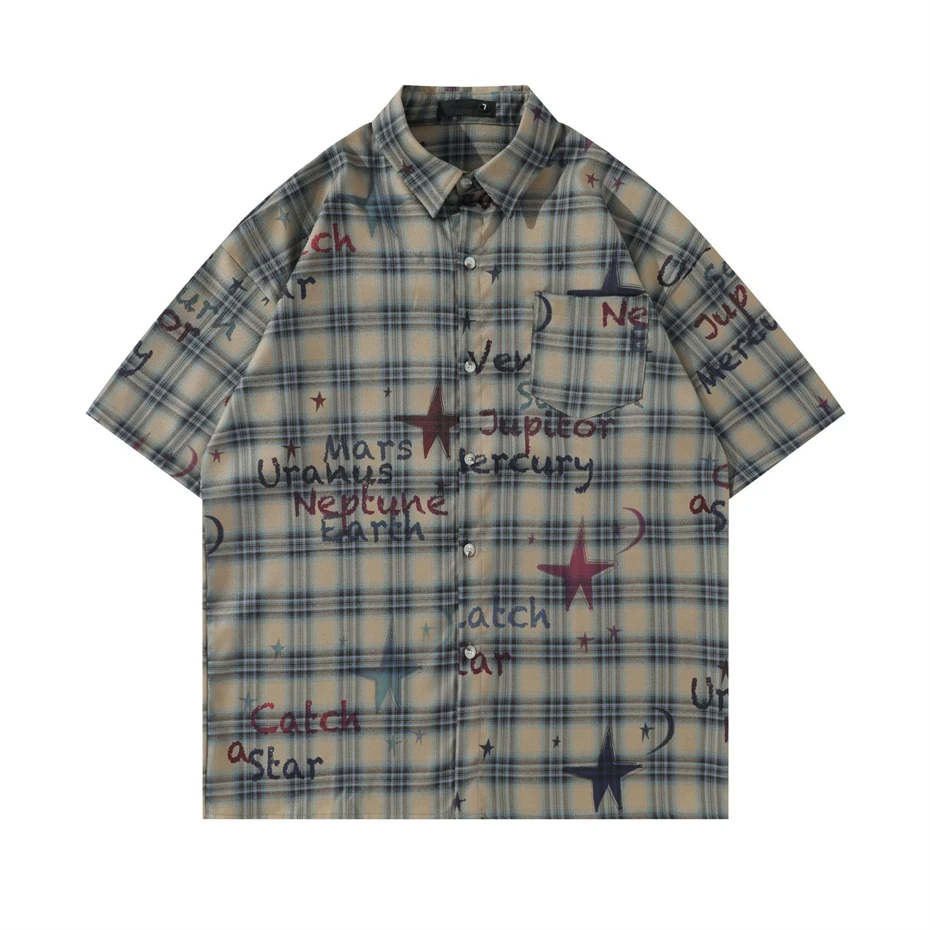 

Summer Short Sleeve Shirts Men Streetwear Hip Hop Star Letter Print Shirt for Men Oversized Harajuku Vintage Plaid Blouse Male