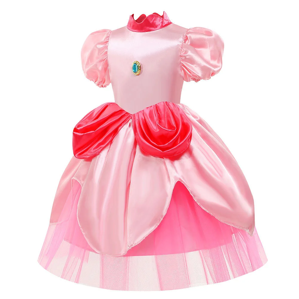 Princess Peach Costume, Kids Girls Pink Birthday Party Dress Up with Crown