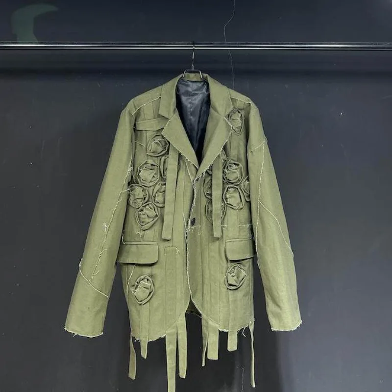SuperAen Original Design Green Streamer Suit Handmade Flower Spring and Summer Casual New Splicing Jacket Top