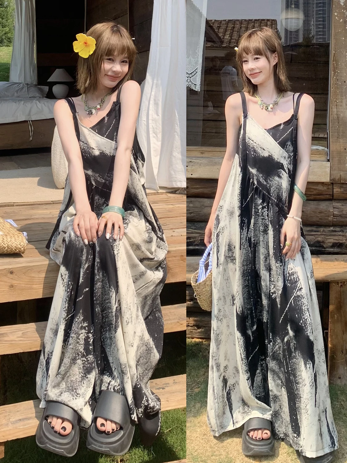 

Женский летний комбинезон оверсайз в стиле ретро с принтом в стиле суми-э, на бретелях, с высокой талией и широкими штанинами, для повседневной носки