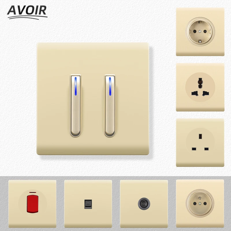 

Avoir Luxury Light Switch With LED Indicator Power Wall Electrical Socket Gold Reset Push Button Switch plastic Panel Outlet