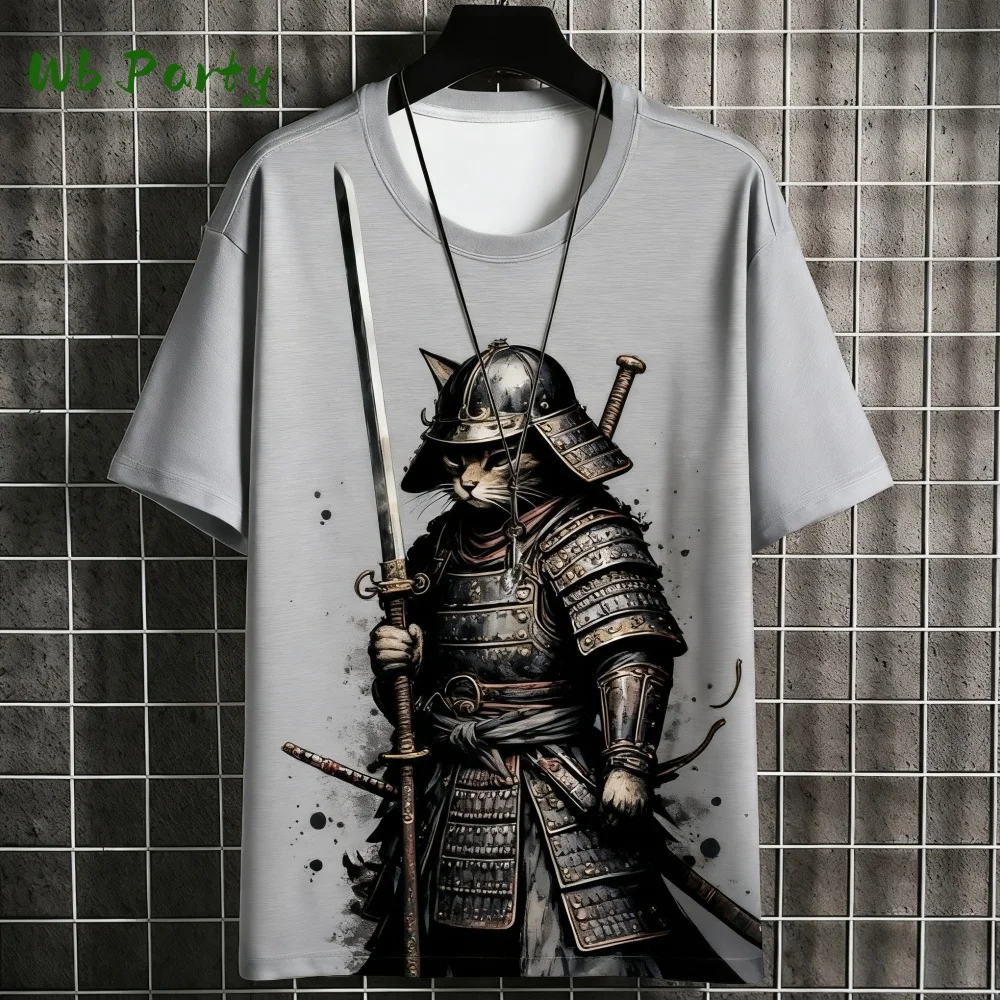 

Мужская футболка с японским котом самурая, летние модные мужские рубашки с короткими рукавами, топы большого размера, повседневная дышащая мужская одежда Y2k