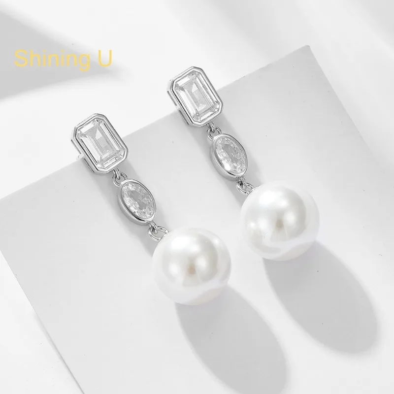 Shining U 925 Sterling Silver Shell Pearl Zircon Gems Drop Earrings for Women Fine Jewelry Anniversary Wedding