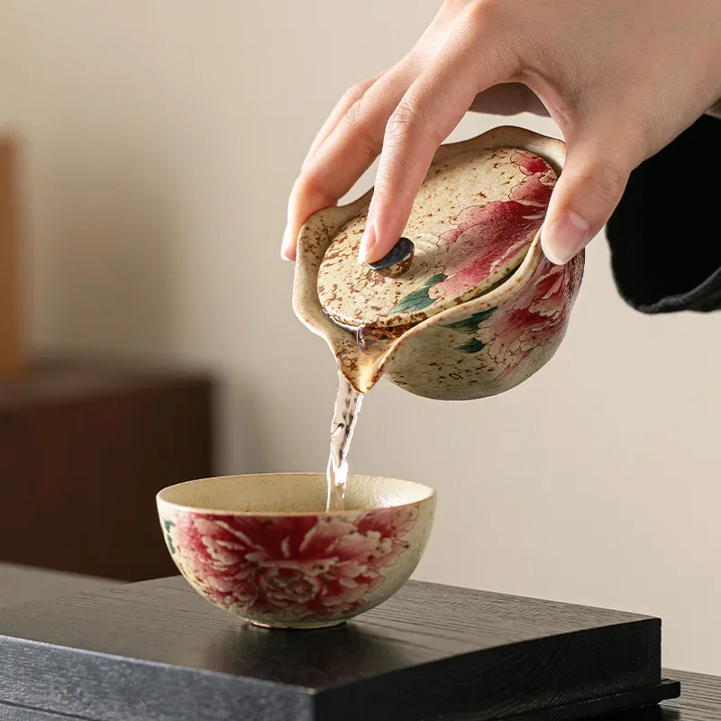 Coloful Portable Travel Tea Set Retro Hand-held Teapot Tea Cup Outdoor Camping Quick Cup Tea Infuser Gaiwan Flowers Gift Sets