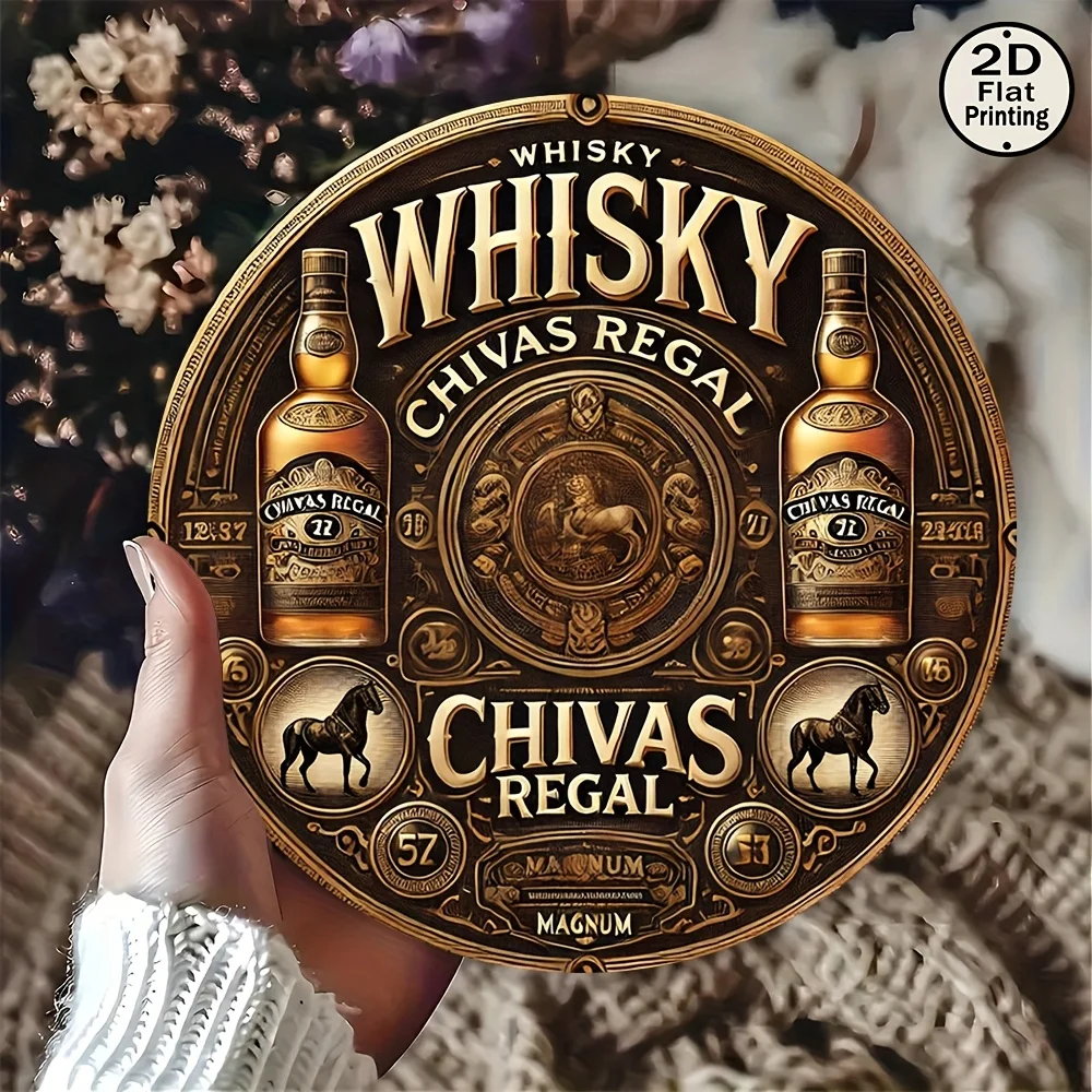 1pc 2d impressão plana, "chivas regal whisky" vintage 8x8 redondo metal parede estanho sinal, decoração de arte de parede de metal, distinto