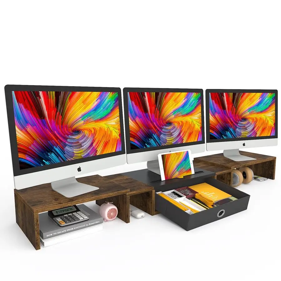 

Triple Dual Monitor Stand Riser with Drawer,Extra Large Adjustable for 23 Monitors,Solt for Phone amp Tablet, Desktop Organizer