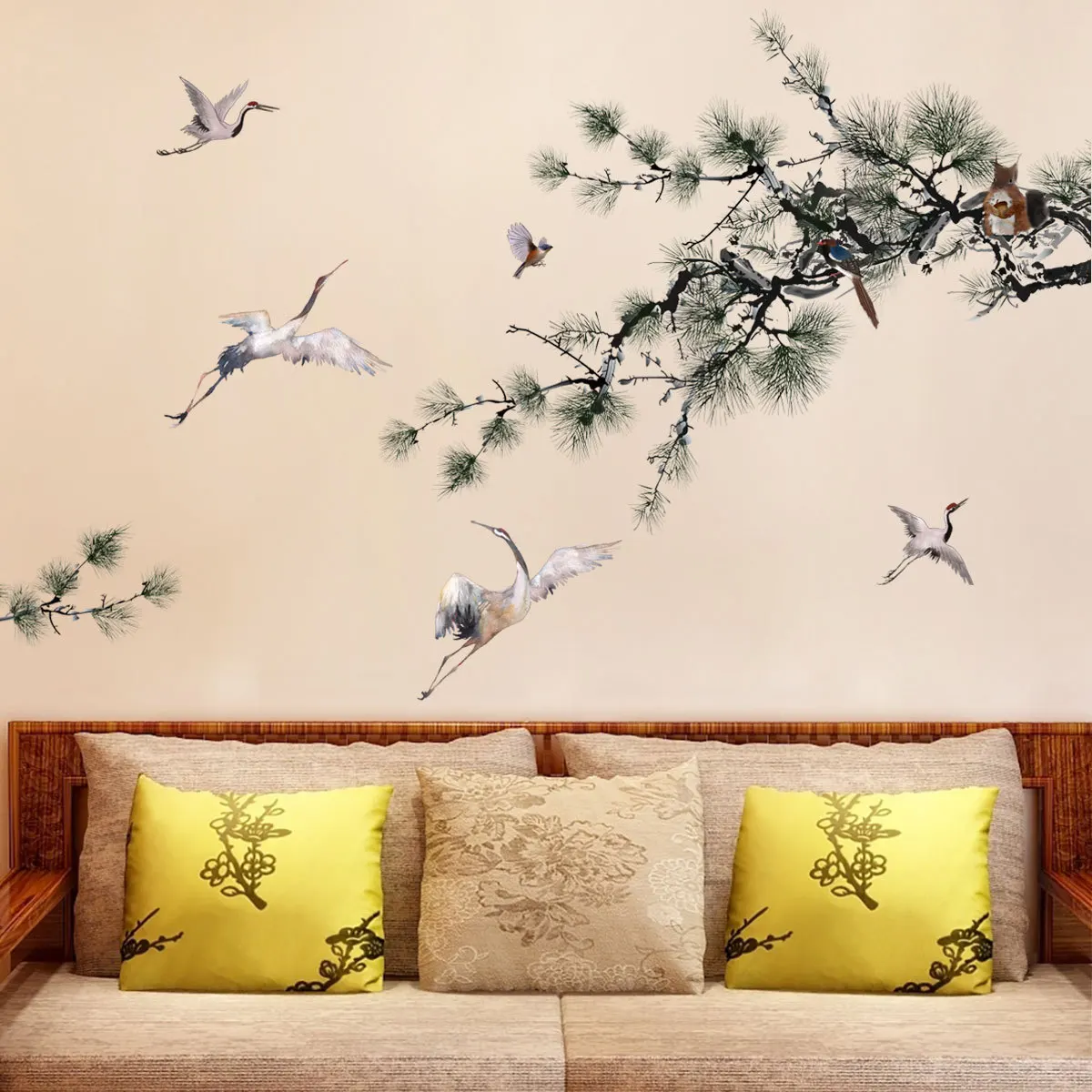 Chinese Style Pine Tree Branches Crane Wall Sticker Living Room Bedroom Home Decor Self-adhesive Wallpaper Art Poster Decoration