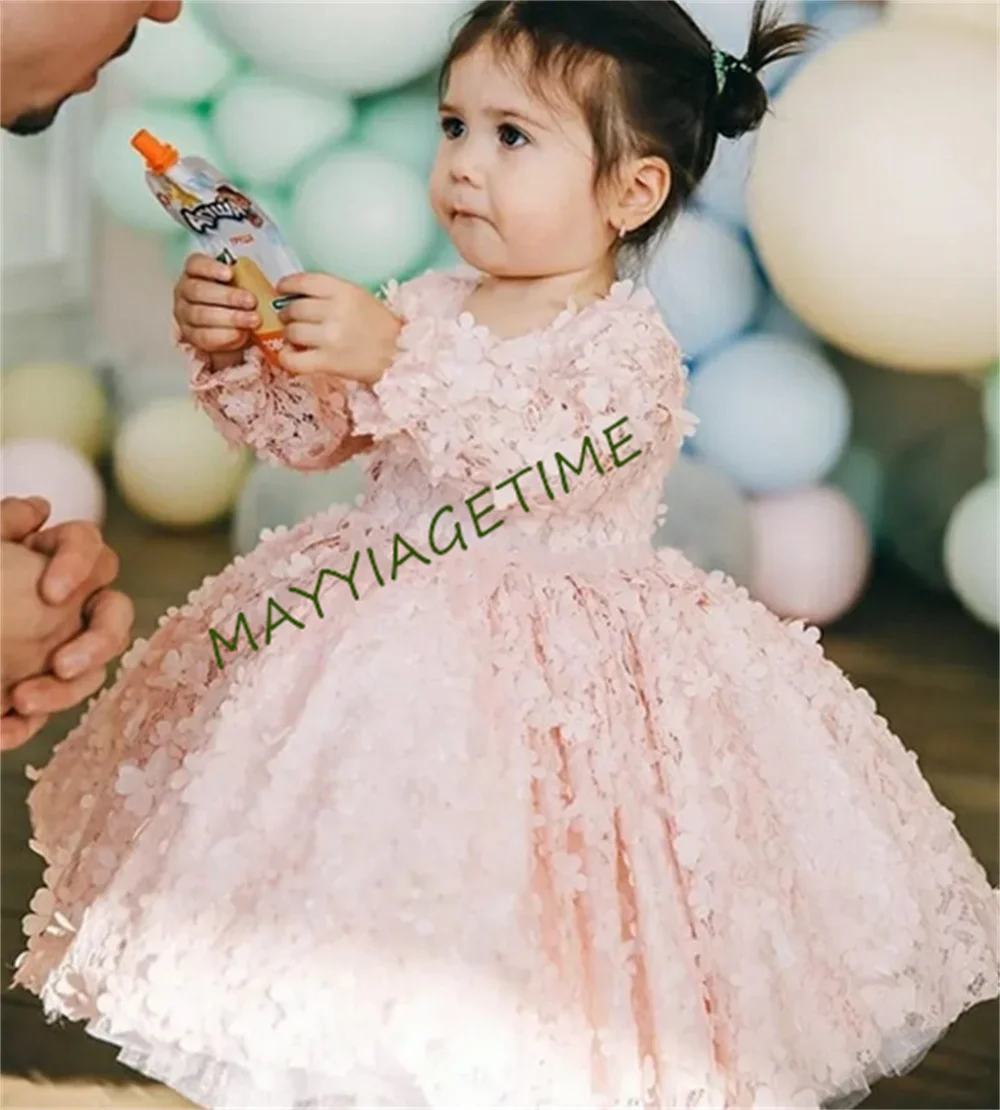 Vestido de encaje Floral rosa para niñas pequeñas, vestido de fiesta de cumpleaños, manga larga, Ropa de baile, accesorios de fotografía