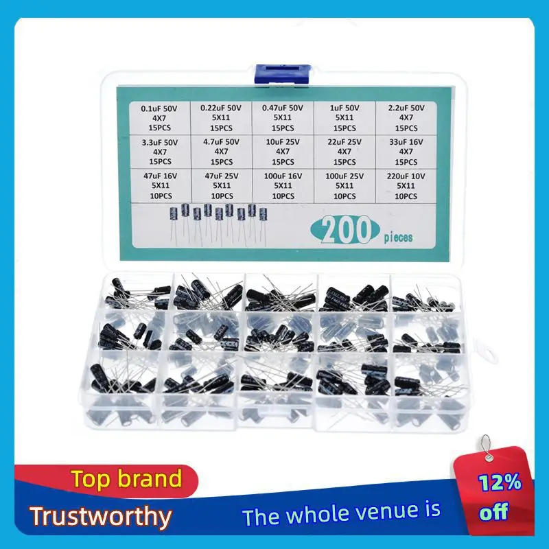 

200pcs Radial Capacitors Set 15Values TZT 10V 16V 25V 50V 0.1uF-220uF Electrolytic Capacitor Assortment KIT 0.22uf 2.2uf 100uf