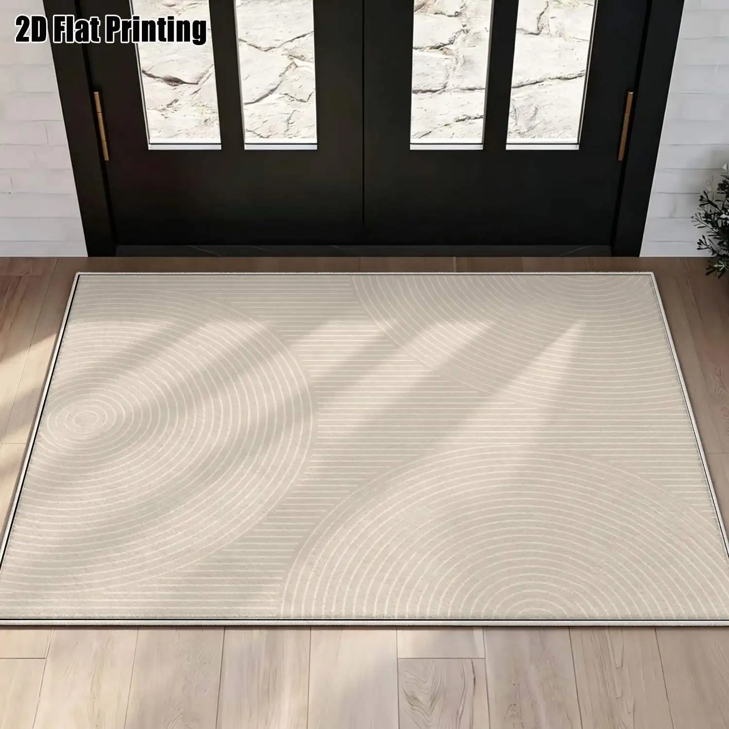 1Pc 2D Printed Beige Geometric Wave Velvet Carpet, Nordic/Instagram/Modern/European/Vintage Style, Machine-Washable Multi-Size Home Decor Mat for Entrance, Dining, Bedroom, Living Room, Study