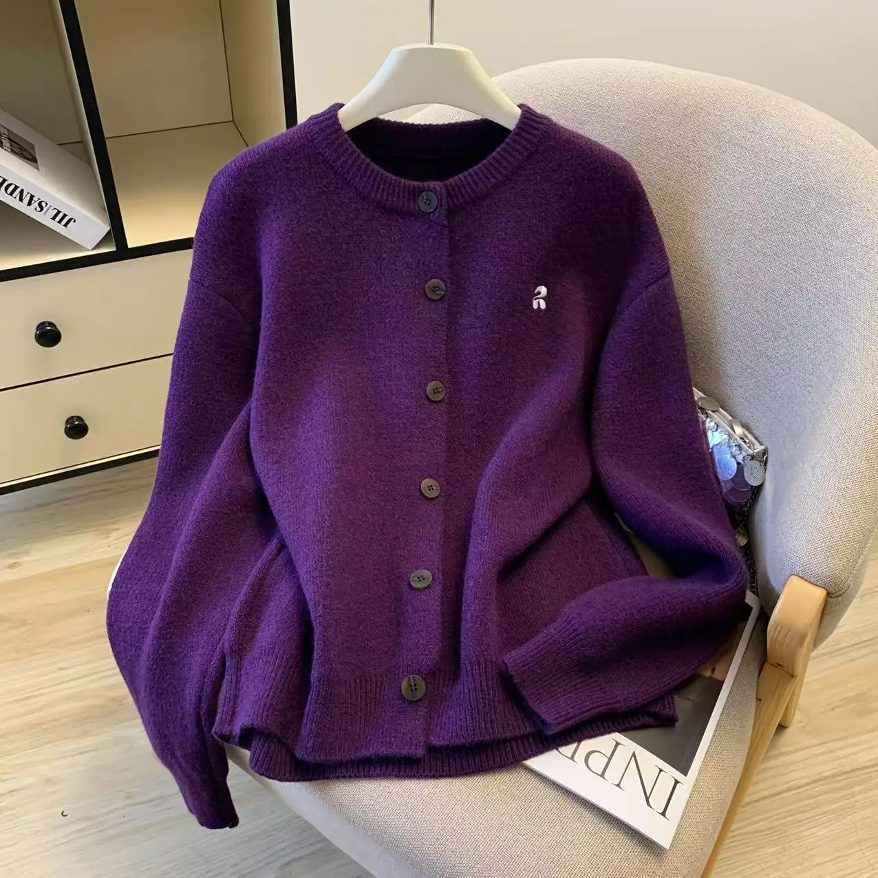 سترة نسائية أرجوانية Y2k عتيقة 2000s سترة تريكو بأكمام طويلة سترة كورية ملابس خارجية لخريف وشتاء 2025 #2