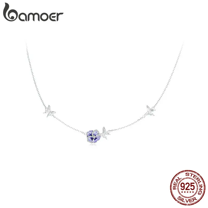 

Bamoer Flower Butterfly Necklace 925 Sterling Silver Unique Butterflies Gather Nectar Design Zircon Necklace Women Fine Jewelry