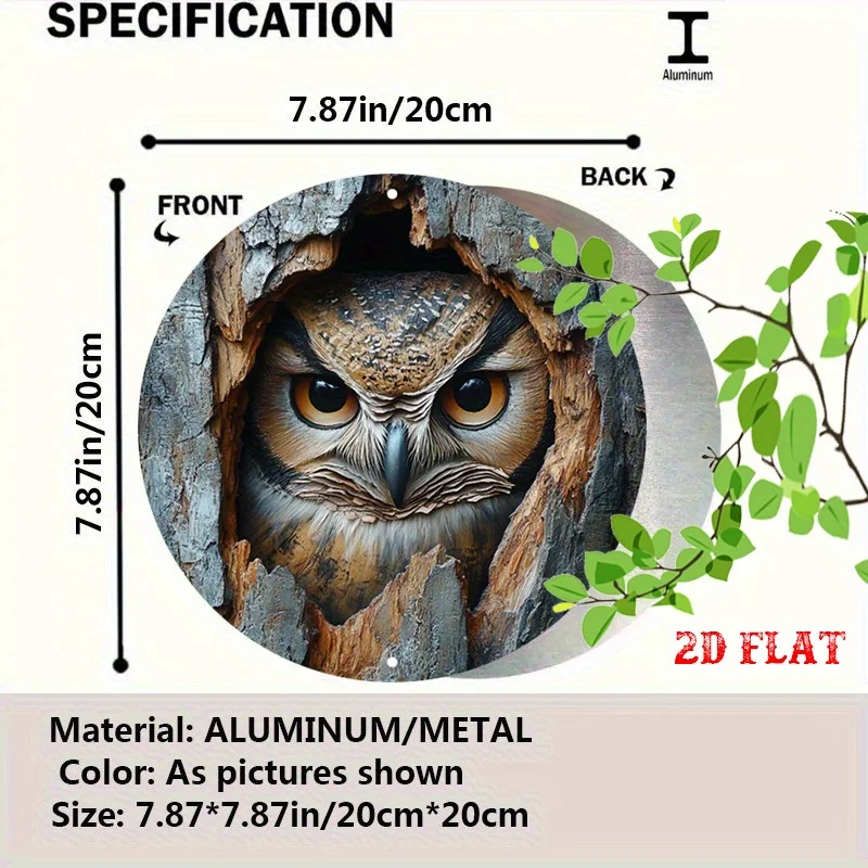 2D Flat - A 2D Flat Metal Sign Showcasing a Realistic Owl Sculpture Nestled in a Tree Hollow, Perfect As Round Wall for Art fo