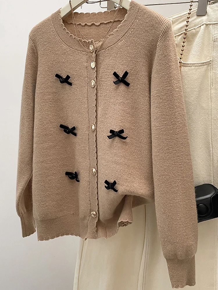 Peals Beading Bow Jacquard Knitted Cardigan Sweater Women's Vintage Fashion O-Neck Long Sleeve Slim Knitwear Tops Ladies