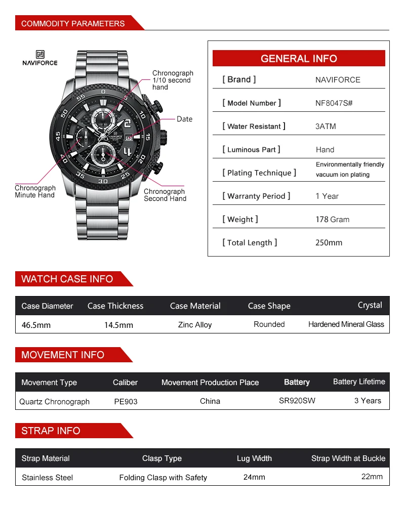 NAVIFORCE Stainless Steel Watches for Mens Waterproof Luminous Dial with Chronograph Clock Male Casual Business Wristwatches