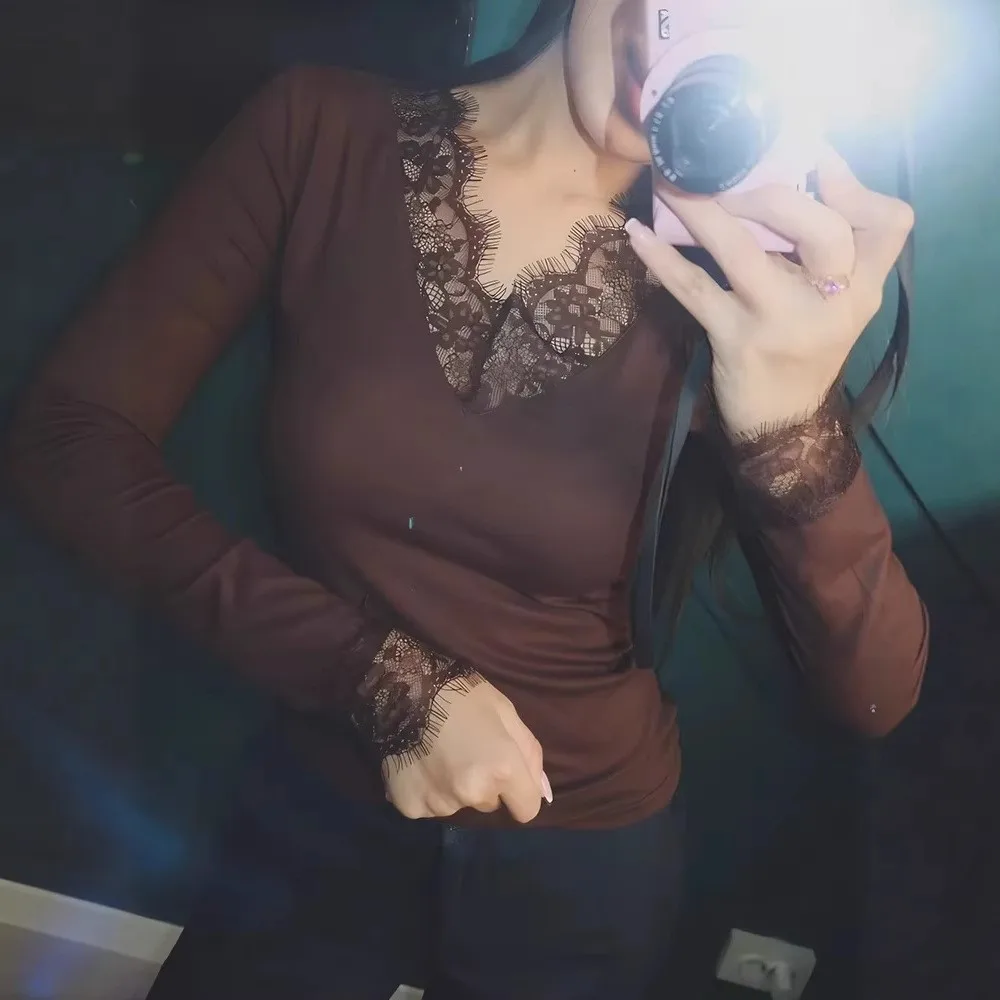 V Neck Long Sleeve T Shirt Slim Fit Streetwear with Casual Women Top Autumn Patchwork Regular Sleeve Micro Stretch Short Length
