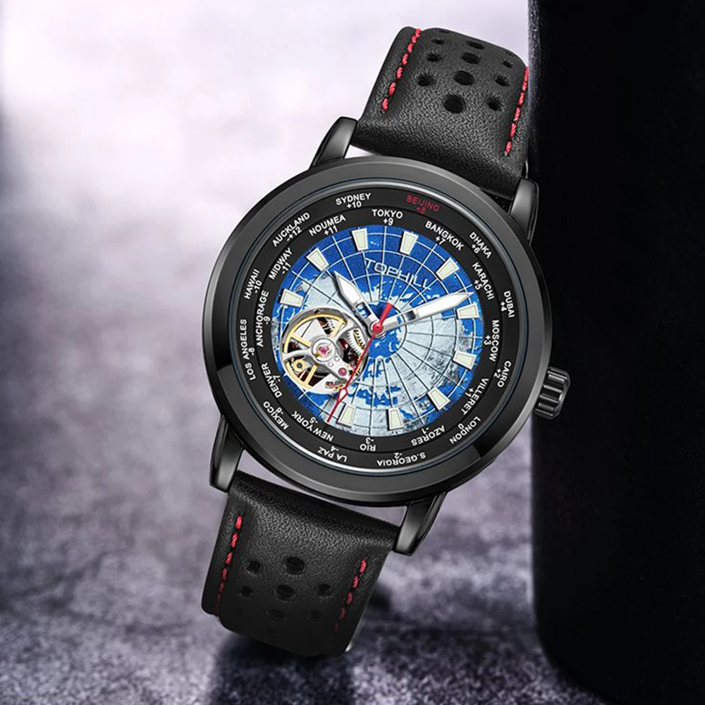 Luxury Automatic Watch Men World Time Zone Mechanical Wristwatches TOPHILL 41mm Skeleton Watches Luminous Waterproof Clocks 2023