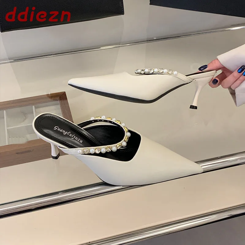 

Fashion String Bead Women Pumps Shoes Thin Heels Sandal Slides Female Mules Sexy Pointed Toe Ladies High Heels Slip On Shoes